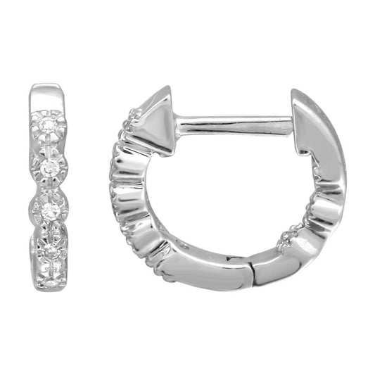 14k White Gold Scalloped Diamond Huggie Earrings 11mm