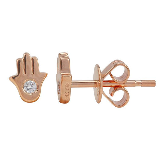 14k Rose Gold Mini Hamsa Diamond Stud Earrings