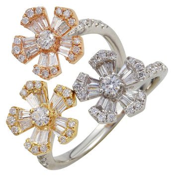 18k Tri-Tone Gold Baguette Flowers Diamond Ring