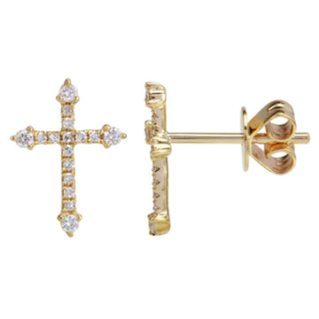 14k Yellow Gold Cross Diamond Stud Earrings 12.5mm