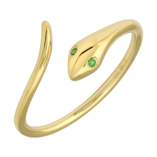 14k Yellow Gold Green Eye Snake Ring