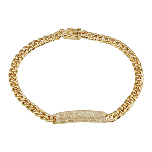 14k Yellow Gold Pave Diamond ID Tag Cuban Link Bracelet