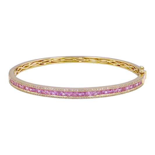 14k Yellow Gold Pink Sapphire Diamond Bangle