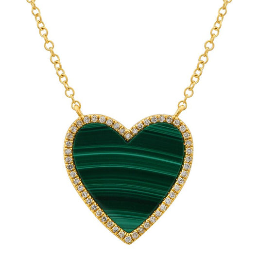 14k Yellow Gold Malachite Heart Diamond Necklace 15mm