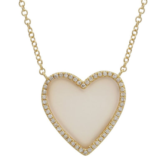 14k Yellow Gold Pink Opal Heart Diamond Necklace 15mm