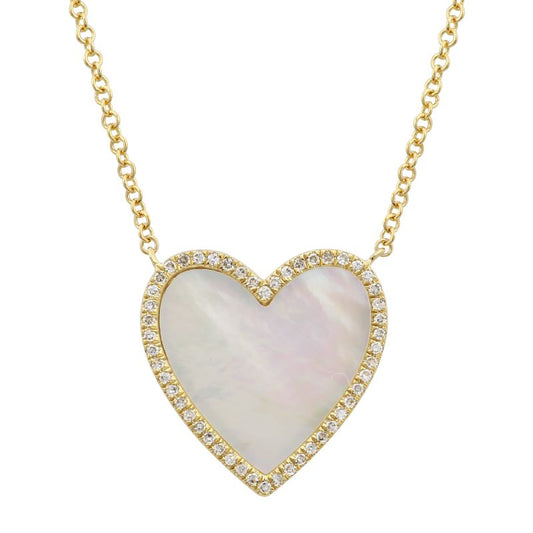 14k Yellow Gold Mother of Pearl Heart Diamond Necklace 15mm