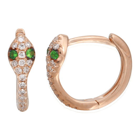 14k Rose Gold Green Eye Snake Diamond Huggie Earrings