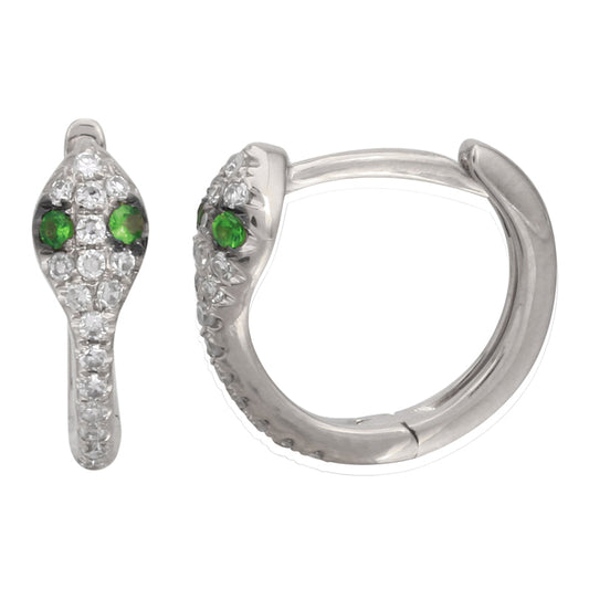 14k White Gold Green Eye Snake Diamond Huggie Earrings