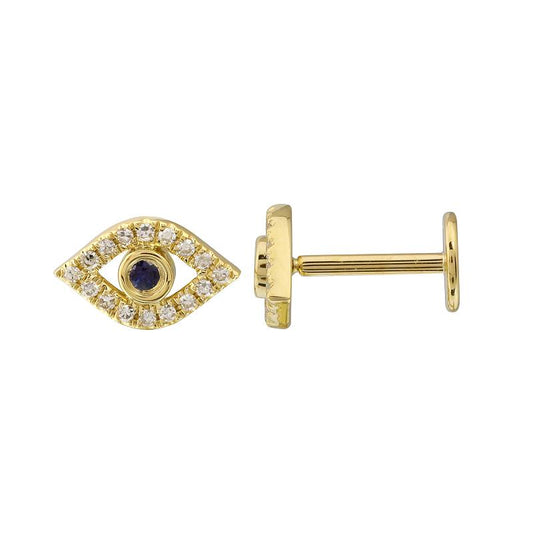 14k Yellow Gold Evil Eye Diamond Flat Back Earrings