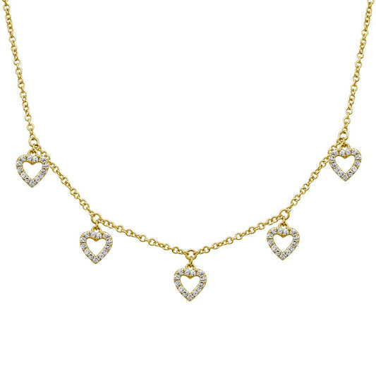 14k Yellow Gold Dangling Open Hearts Diamond Necklace