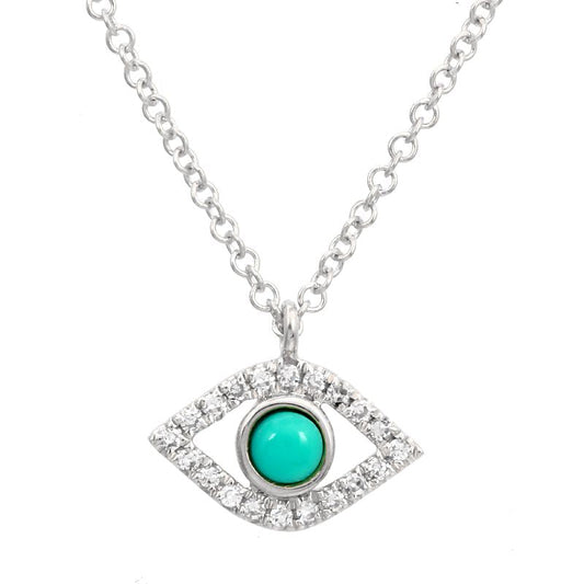 14k White Gold Turquoise Evil Eye Diamond Necklace