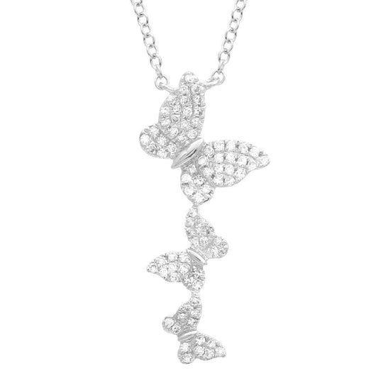 14k White Gold Three Butterfly Diamond Necklace