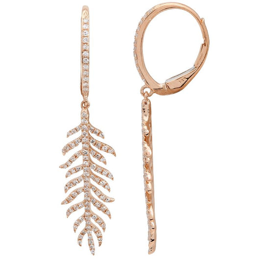 14k Rose Gold Feather Drop Diamond Leverback Earrings