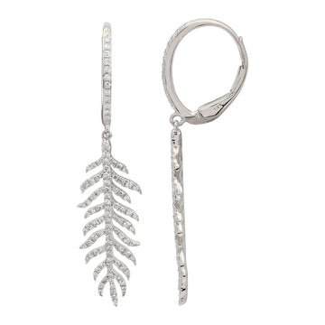 14k White Gold Feather Drop Diamond Leverback Earrings