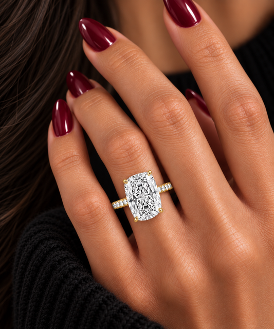 14k Yellow Gold 4.50ct Lab Grown Elongated Cushion Hidden Halo Diamond Band Engagement Ring
