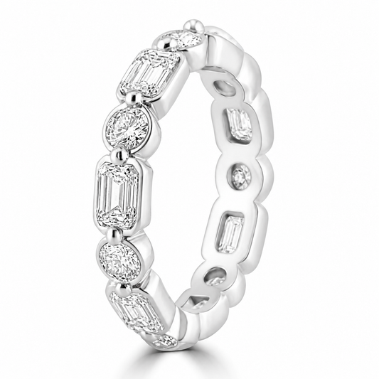 14k White Gold Multi Shape Lab Grown Round & Baguette Diamond Bezel Eternity Band 3.30ctw