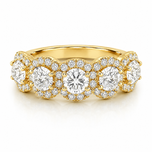 14k Yellow Gold Lab Grown Five Stone Round Diamond Halo Band 1.75ctw