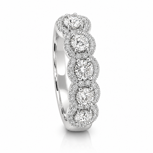 14k White Gold Lab Grown Five Stone Round Diamond Halo Band 1.75ctw