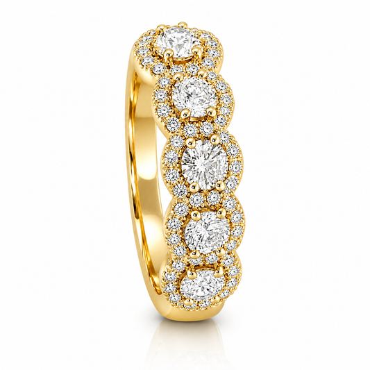 14k Yellow Gold Lab Grown Five Stone Round Diamond Halo Band 1.75ctw