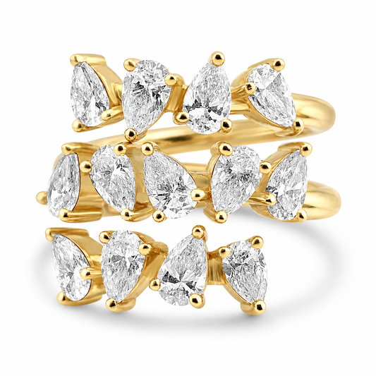 14k Yellow Gold Alternating Lab Grown Pear Diamond Three Row Wrap Ring 3.50ctw