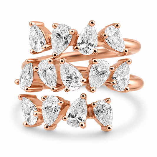 14k Rose Gold Alternating Lab Grown Pear Diamond Three Row Wrap Ring 3.50ctw