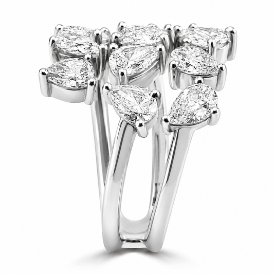 14k White Gold Alternating Lab Grown Pear Diamond Three Row Wrap Ring 3.50ctw