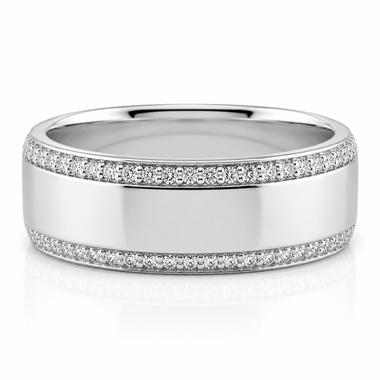14k White Gold Diamond Border Mens Band