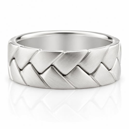 14k White Gold Braided Satin Finish Mens Band