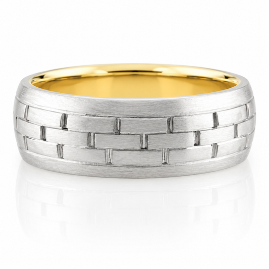 18k Yellow Gold & Platinum Two Tone Brick Design Brushed Finish Mens Band