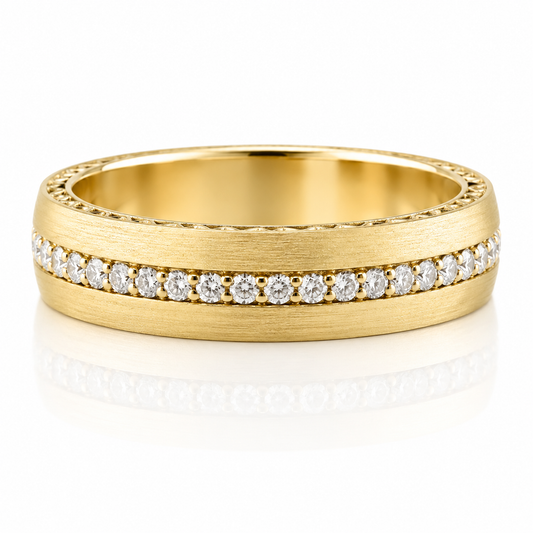 18k Yellow Gold Diamond Eternity Hand Engraved Border Mens Band
