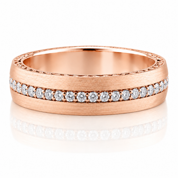 14k Rose Gold Diamond Eternity Hand Engraved Border Mens Band
