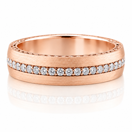 14k Rose Gold Diamond Eternity Hand Engraved Border Mens Band