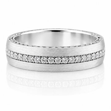 14k White Gold Diamond Eternity Hand Engraved Border Mens Band