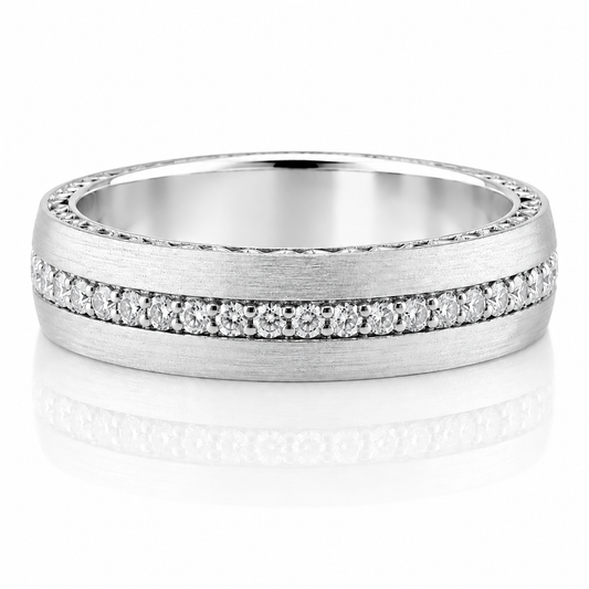 14k White Gold Diamond Eternity Hand Engraved Border Mens Band