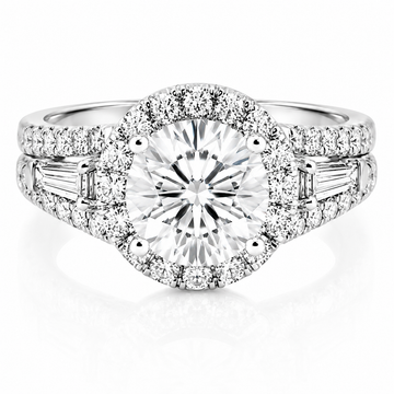 14k White Gold 2.00ct Lab Grown Round Diamond Halo & Tapered Baguette Engagement Ring