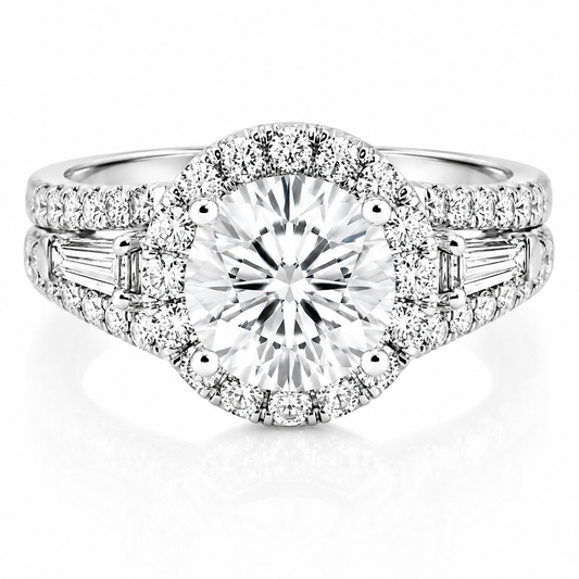 14k White Gold 2.00ct Lab Grown Round Diamond Halo & Tapered Baguette Engagement Ring