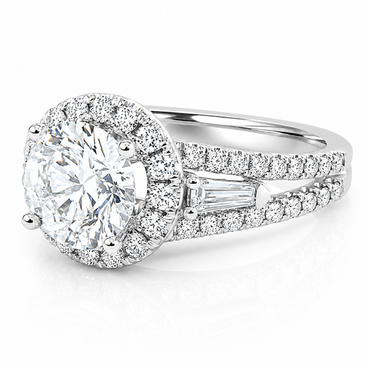 14k White Gold 2.00ct Lab Grown Round Diamond Halo & Tapered Baguette Engagement Ring