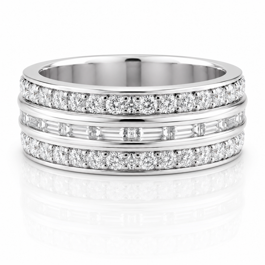 14k White Gold Three Row Multi Shape Diamond Eternity Mens Band