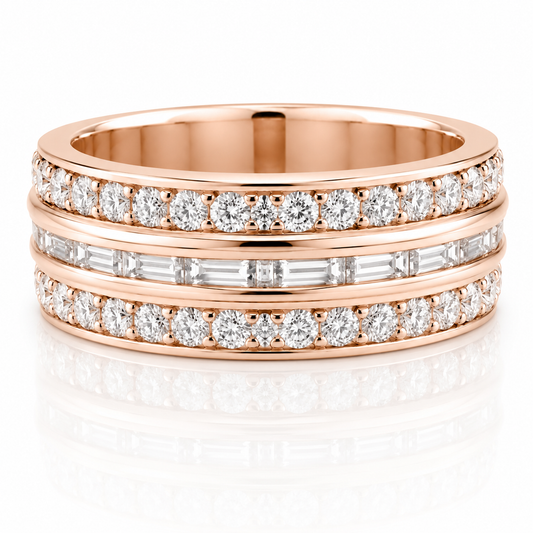 14k Rose Gold Three Row Multi Shape Diamond Eternity Mens Band