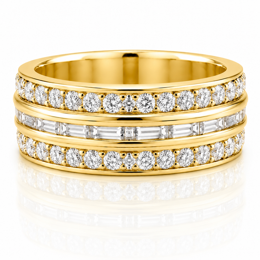 14k Yellow Gold Three Row Multi Shape Diamond Eternity Mens Band