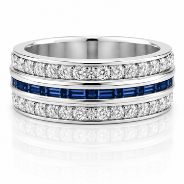 14k White Gold Three Row Multi Shape Diamond & Sapphire Eternity Mens Band