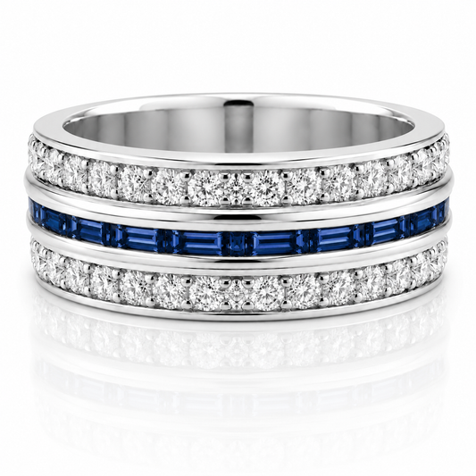 14k White Gold Three Row Multi Shape Diamond & Sapphire Eternity Mens Band
