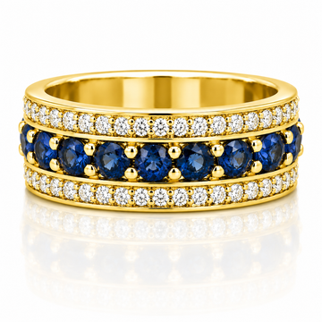 14k Yellow Gold Three Row Diamond & Sapphire Eternity Mens Band