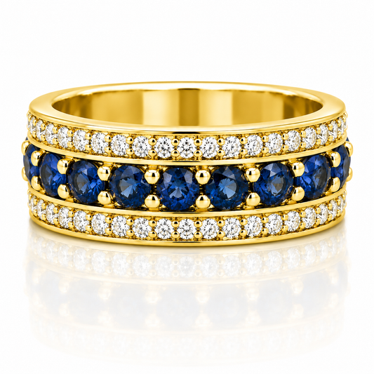 14k Yellow Gold Three Row Diamond & Sapphire Eternity Mens Band