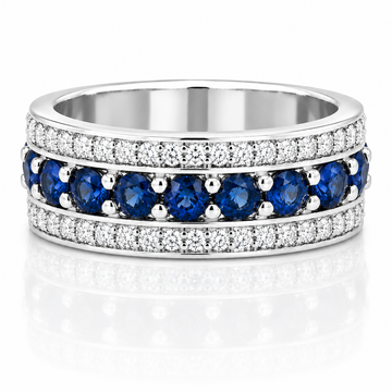 14k White Gold Three Row Diamond & Sapphire Eternity Mens Band