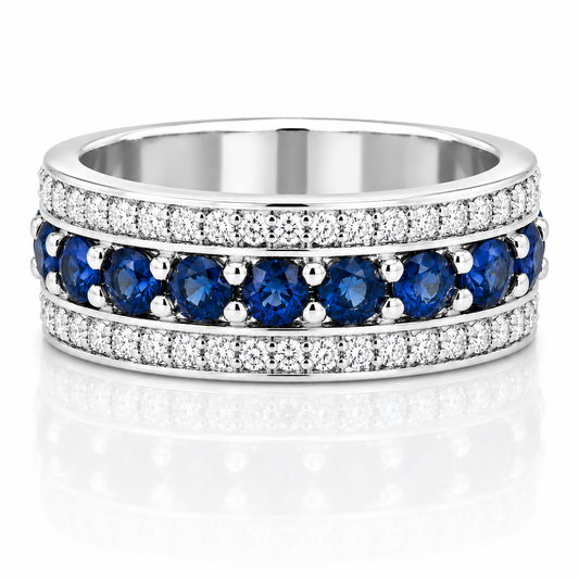 14k White Gold Three Row Diamond & Sapphire Eternity Mens Band