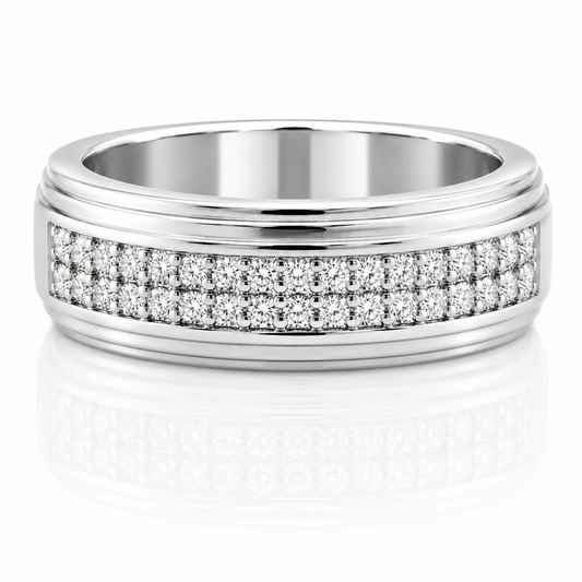 14k White Gold Lined Grooves Double Half Eternity Diamond Mens Band