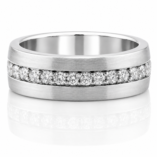 14k White Gold Sleek Brushed Finish Eternity Diamond Mens Band