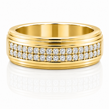 14k Yellow Gold Lined Grooves Double Half Eternity Diamond Mens Band