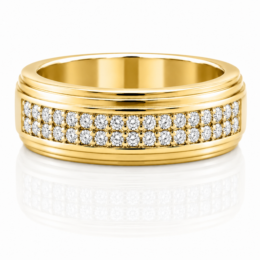 14k Yellow Gold Lined Grooves Double Half Eternity Diamond Mens Band